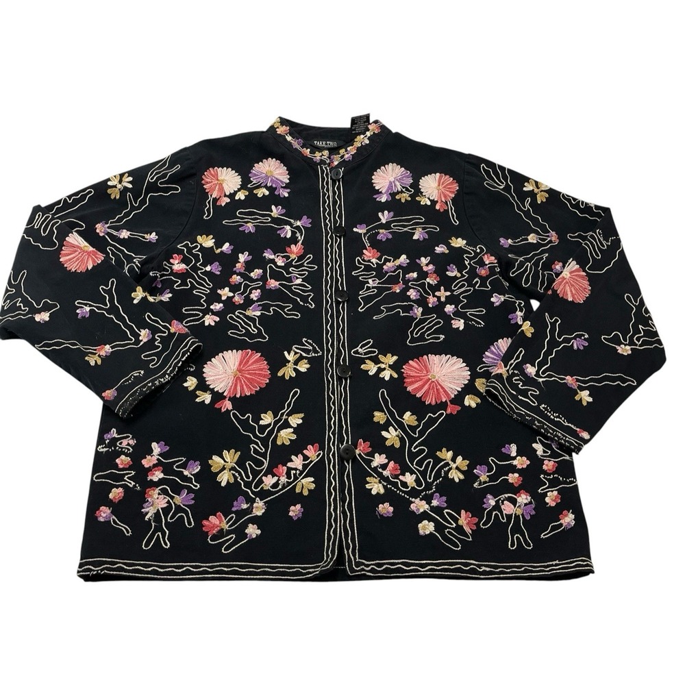 Take Two Jacket Blazer Black Asian Floral Embroidered M Loop Button Artsy Office